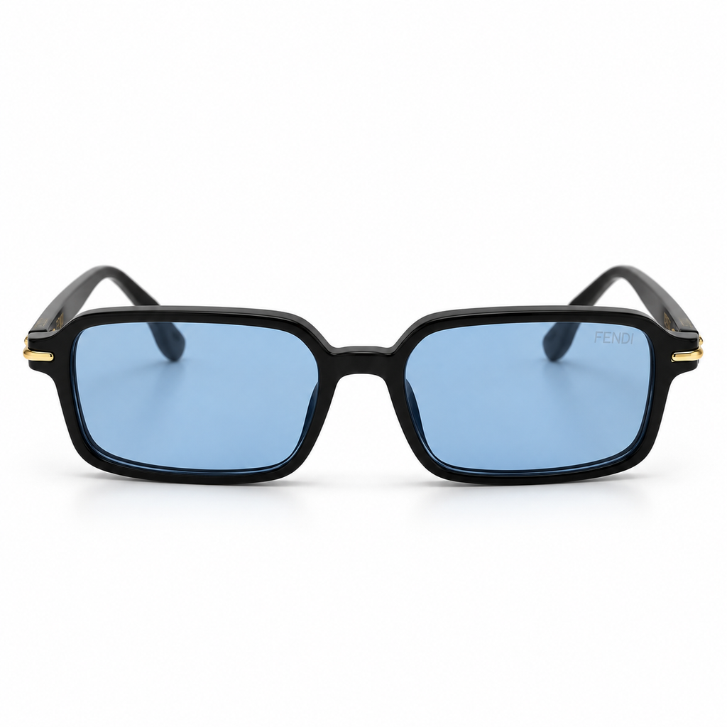 Black Square Sunglasses with Blue Lenses & Gold-Tone Accents