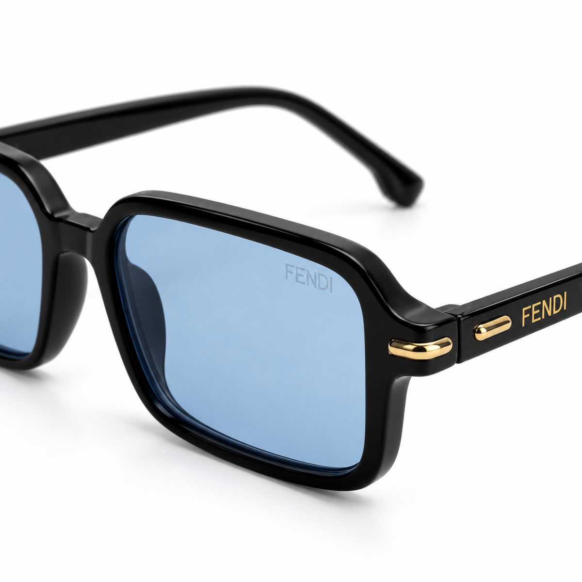 Black Square Sunglasses with Blue Lenses & Gold-Tone Accents