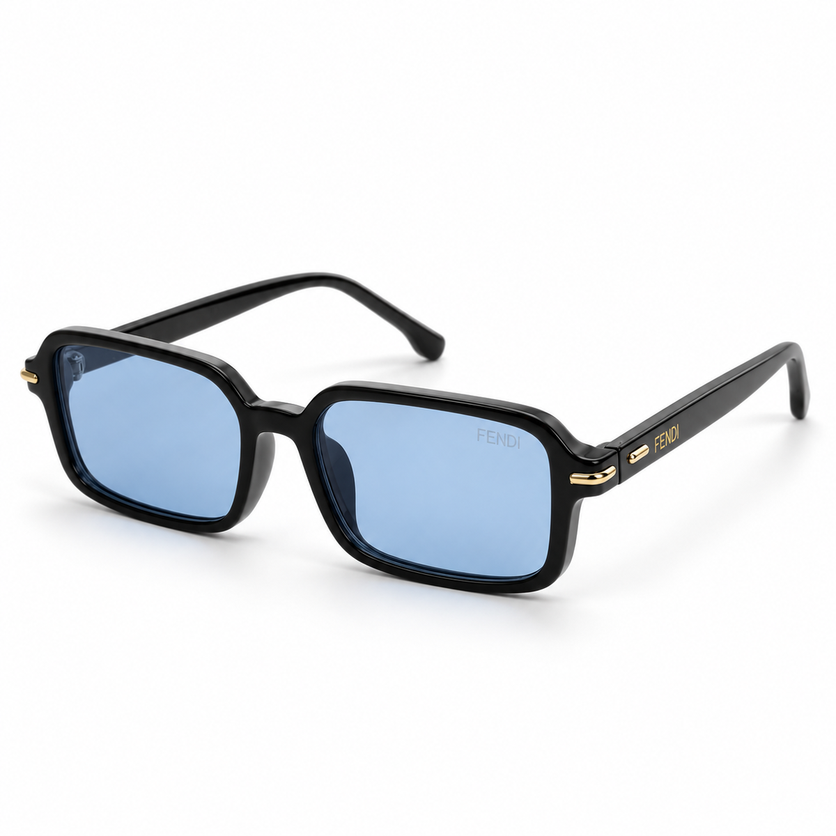 Black Square Sunglasses with Blue Lenses & Gold-Tone Accents